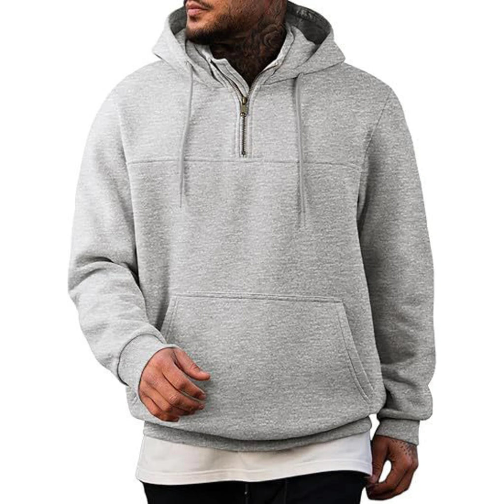 Winter Men's Casual Fleece Hooded Sweatshirt  Plush Loose Solid Color Pullover Half Zipper With Pocket Tops Male Sports Jacket
