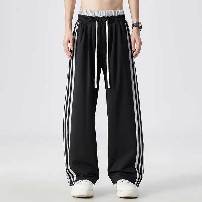 Men's Casual Pants Striped Spor Wide Leg Drapey Feel Patchwork Waist Design Comfortable Straight Cut Everyday Trousers