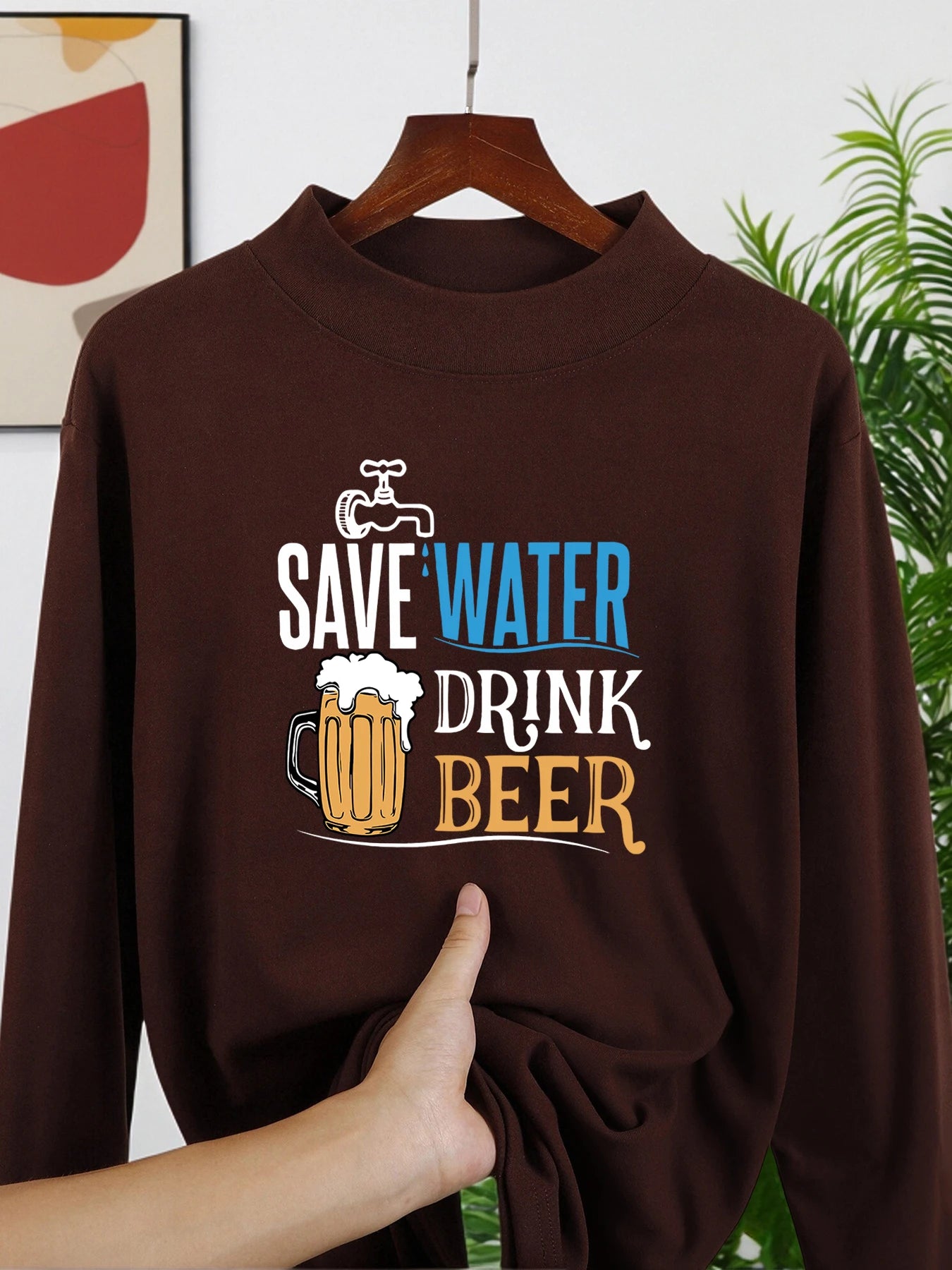 Save Water Drink Beer Print Mens Casual Base Layer Soft Velvet Fleece Long Sleeve Shirt Fit Thicken Pullover Comfy Mock Neck Top