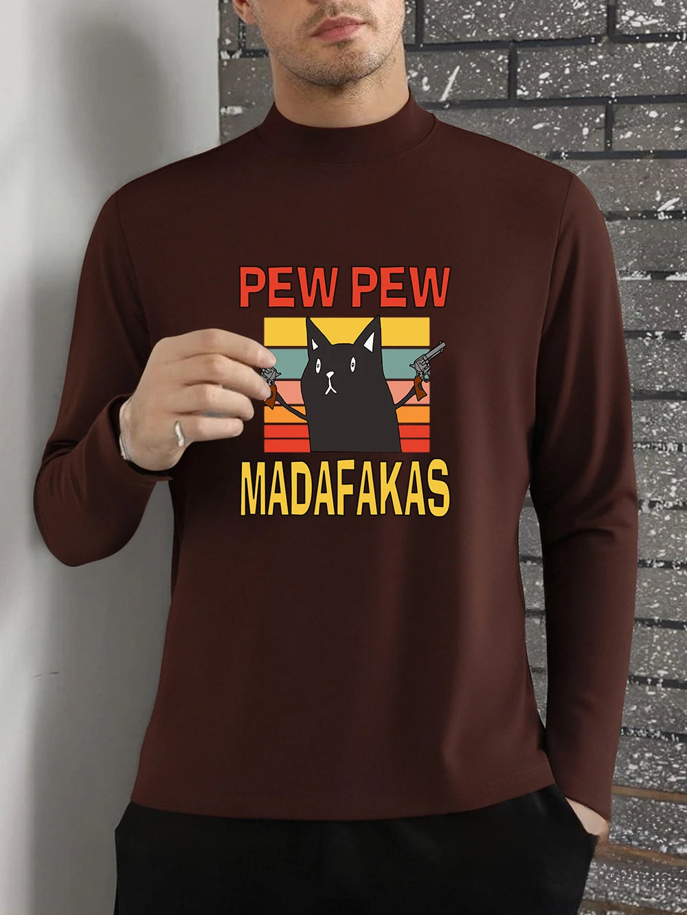 Pew Pew Madafakas Cats Prints T-Shirt Men'S Autumn Long Sleeves Bottoming Shirt Warm Half Turtleneck Slim Fit Tops Basic Clothes