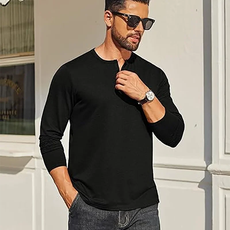 Autumn Men's Long Sleeve Henley Shirts Cotton 3-Button Spring Casual T-Shirts Solid Color Soft Basic Tops Tees