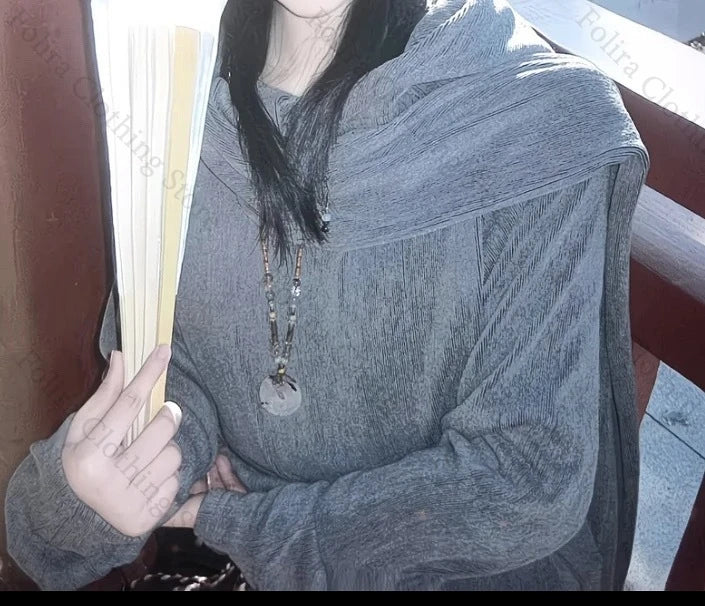 Harajuku Style Long Sleeve T-Shirt with Gray Hooded Shirt for Men Men's T-shirt with Muffler Pullover Winter Clothes Streetwear