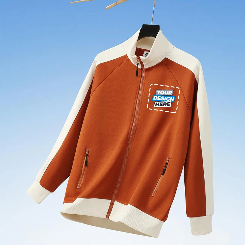 Long-sleeved Zipper Jacket, Color-blocked Warm Sweatshirt, Casual Baseball Jacket, Outdoor Wear, Customizable Logo