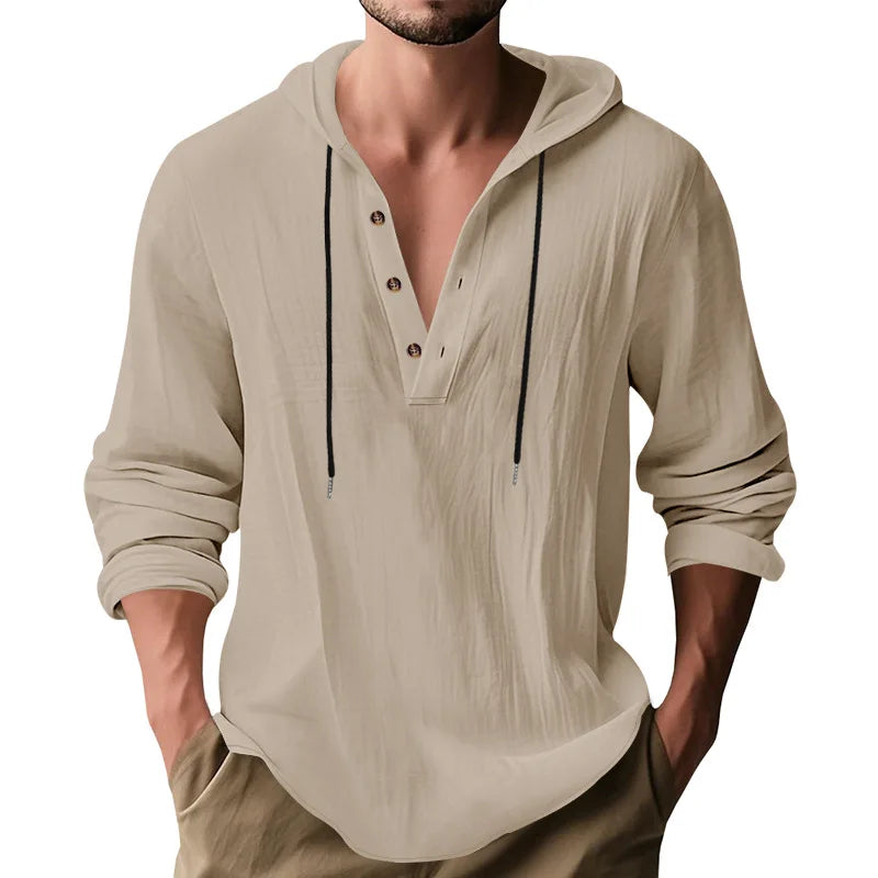 Men's Long Sleeve Tops Drawstring Hoodies Casual Cotton Linen Solid Color Casual Shirts Loose Pullover Sweatshirts Coat Outwear