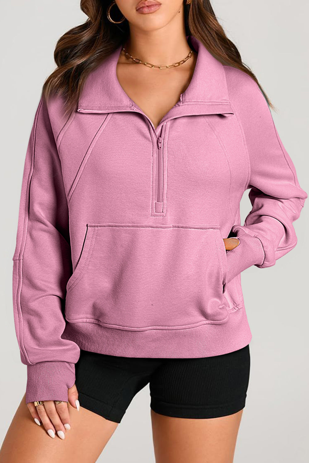Parchment Quarter Zip Stand Neck Kangaroo Pocket Sweatshirt