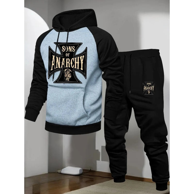 2025 Fashion Men's Casual Sports Raglan Sleeves Sons of Anarchy 3D Printed Hoodie and Pants Two Piece Set