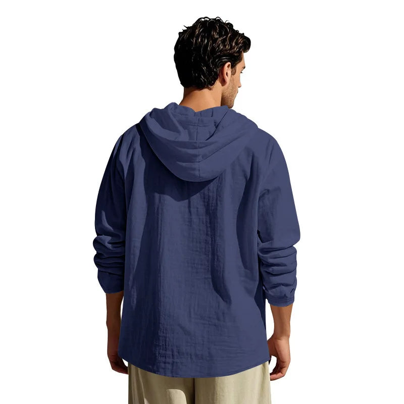 Men's Long Sleeve Tops Drawstring Hoodies Casual Cotton Linen Solid Color Casual Shirts Loose Pullover Sweatshirts Coat Outwear