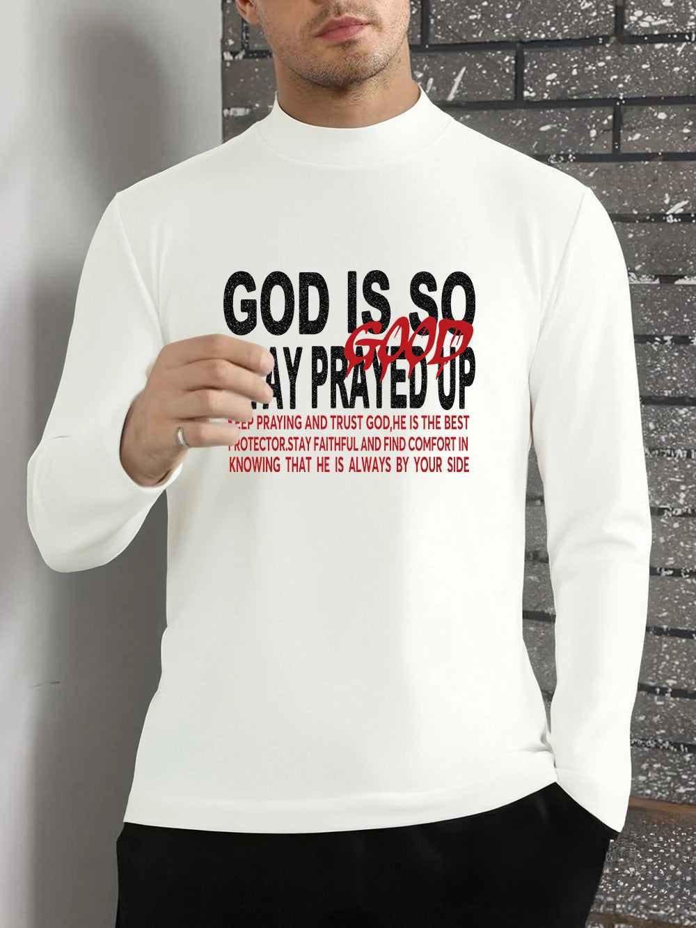 God Is So Stay Prayed Up Printing T-Shirts Men Winter Fleece Tops Slim Fit Warm Half Turtleneck Bottoming Shirt Basic Clothes