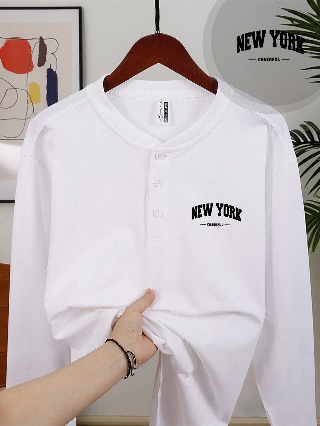 New York Cheerful Prints Mans Henry Shirt Skin-Friendly Autumn Tops Casual Clothes Crew Neck Business Comfortable Clothing
