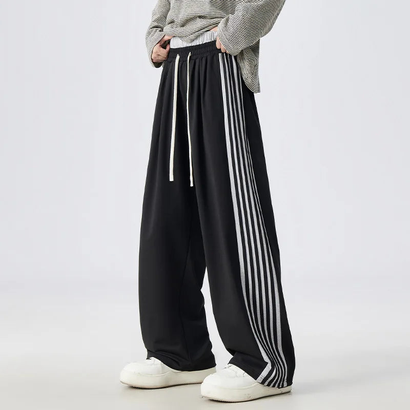 Men's Casual Pants Striped Spor Wide Leg Drapey Feel Patchwork Waist Design Comfortable Straight Cut Everyday Trousers