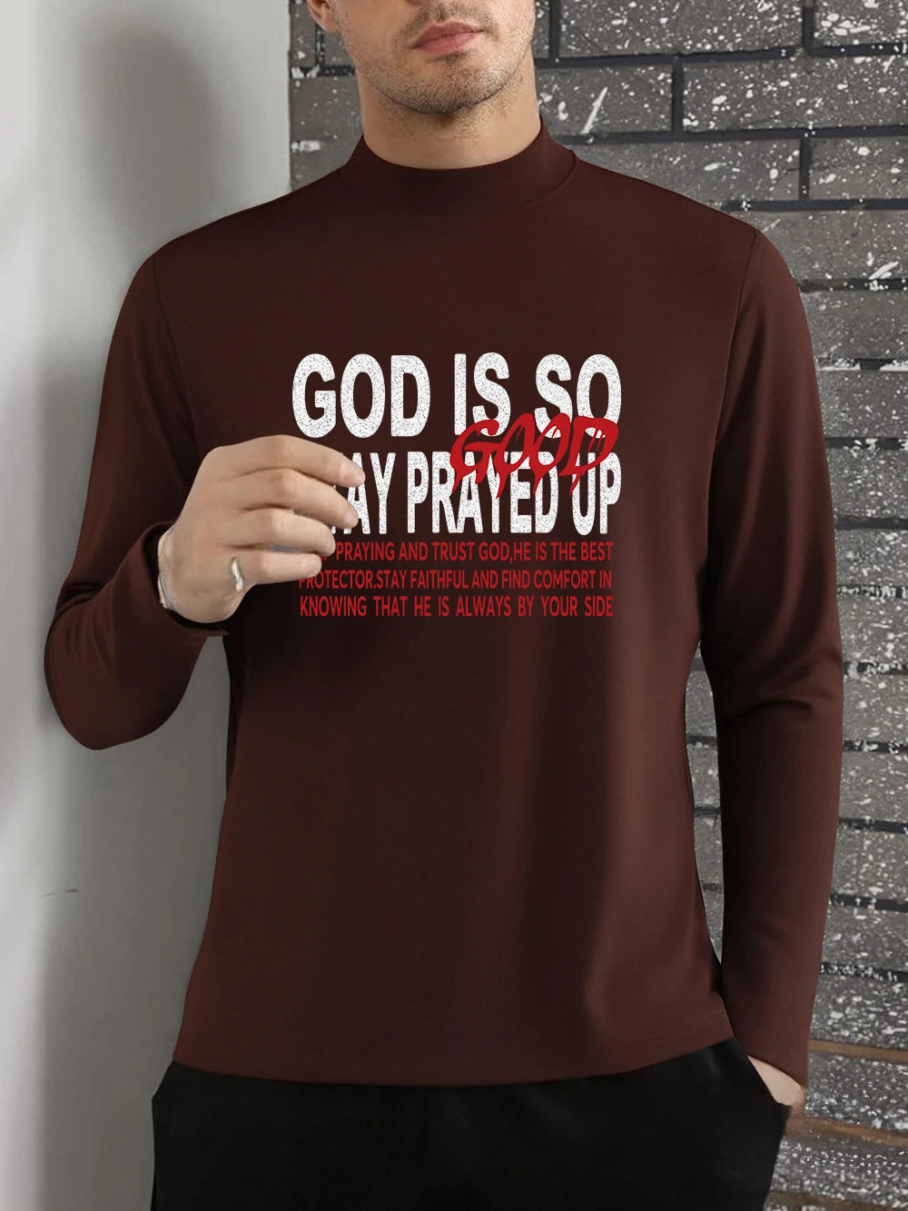 God Is So Stay Prayed Up Printing T-Shirts Men Winter Fleece Tops Slim Fit Warm Half Turtleneck Bottoming Shirt Basic Clothes