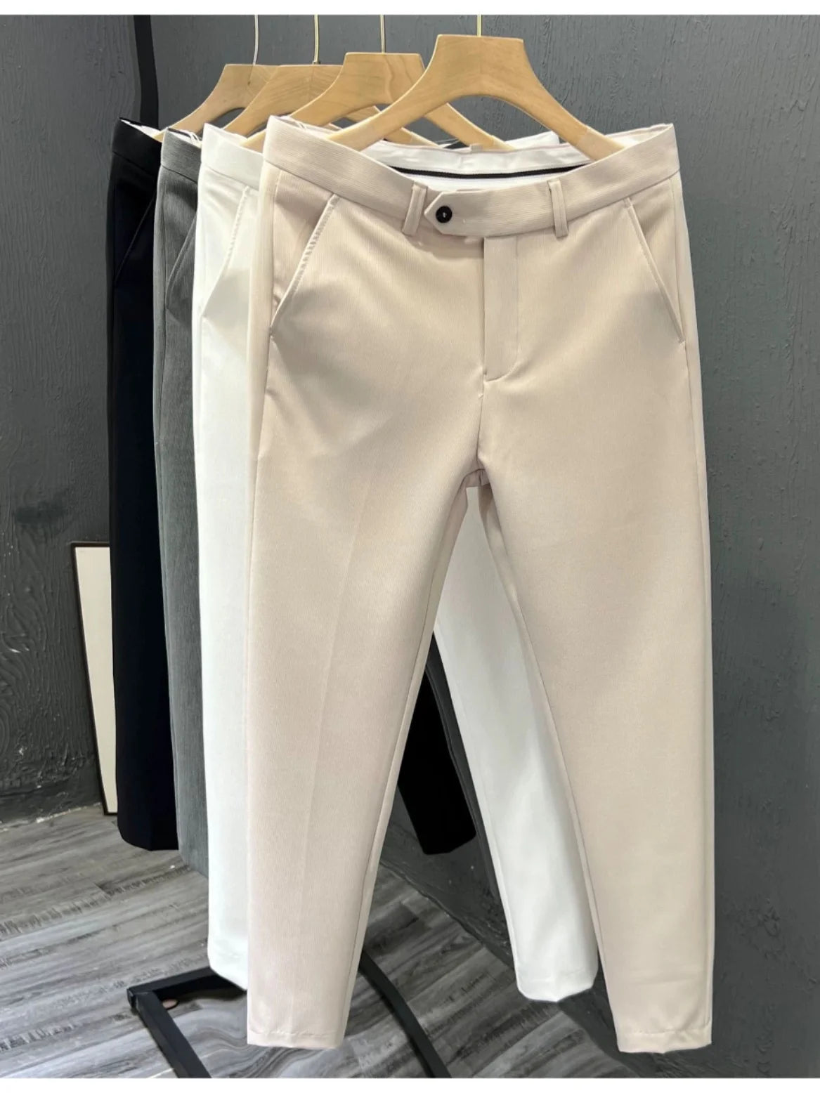 Sli Pure Color Cone 9 Men's Casual Brit Summer Pants Iron Free Slim Fit Casual Trousers Busin Gentleman Sle