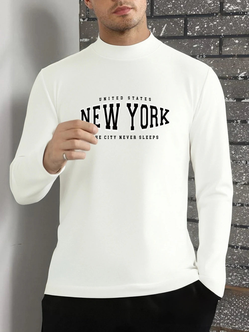 New York Usa Art Letter Prints T-Shirt Men Autumn Long Sleeves Bottoming Shirt Slim Fit Warm Half Turtleneck Tops Casual Clothes