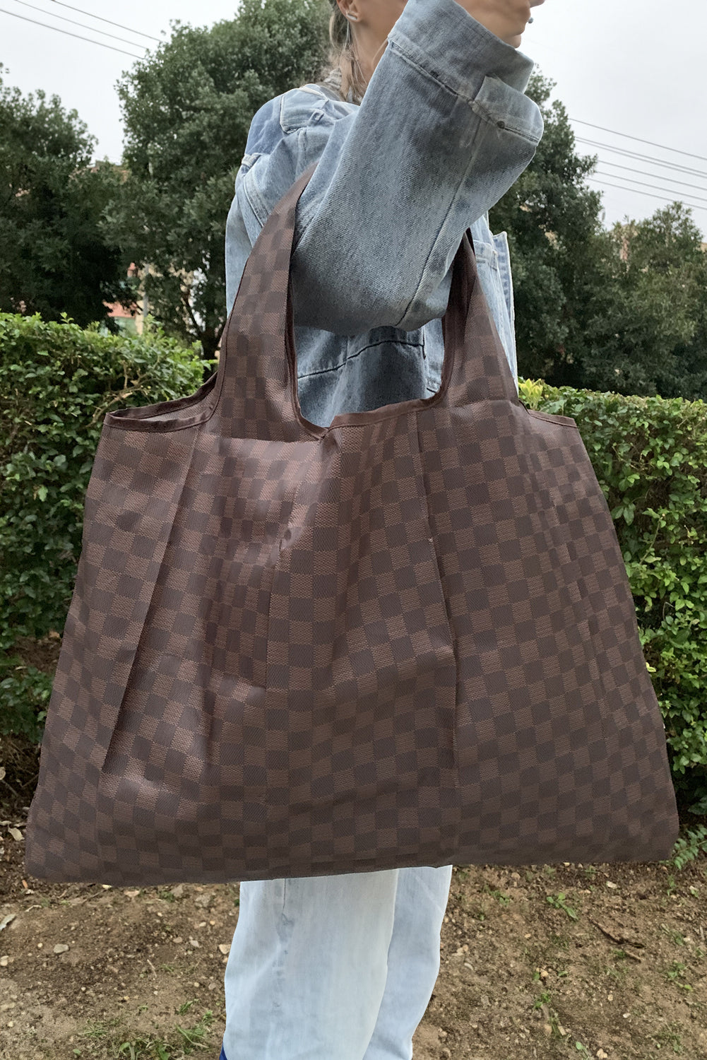 Coffee Trendy Checkered Pattern Large Portable Tote Bag