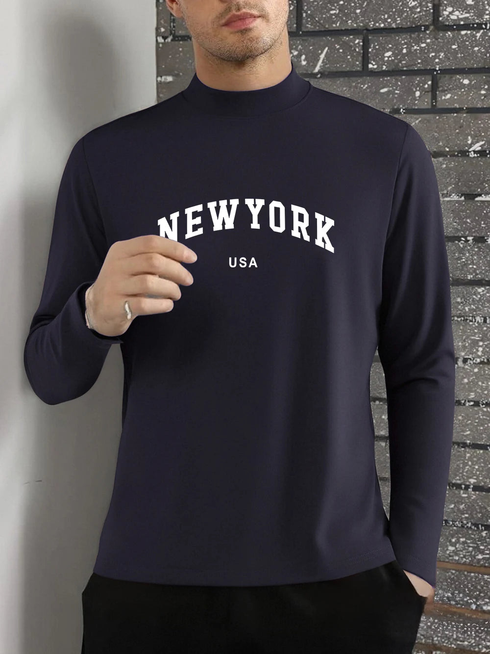 New York Usa Letter Printing T-Shirts Mens Winter Fleece Tops Half Turtleneck Slim Fit Warm Bottoming Shirt Fashion Male Clothes