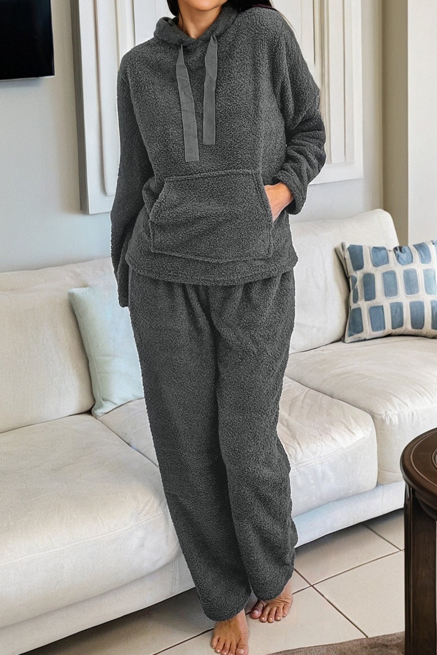 Medium Grey Fuzzy Drawstring Hoodie Lounge Pants 2pcs Set