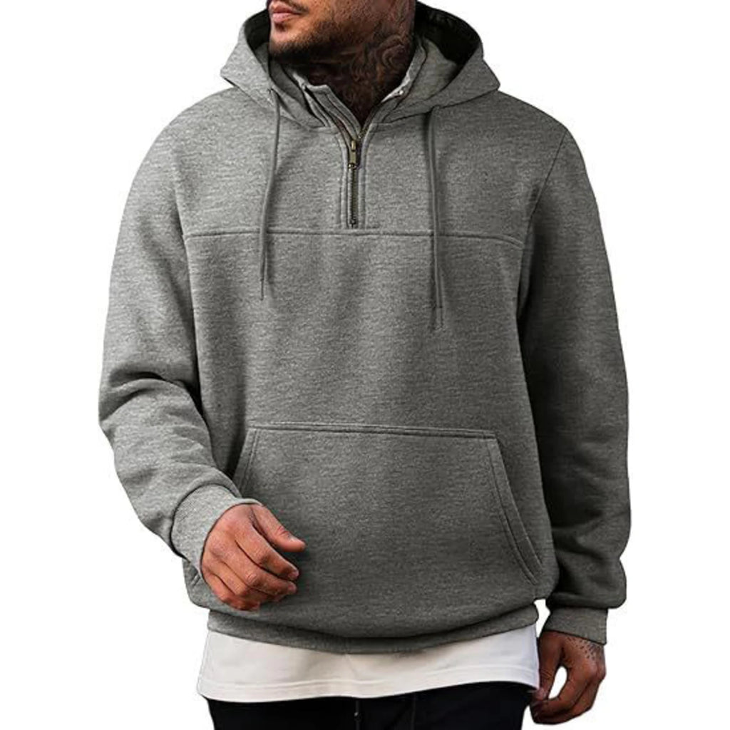 Winter Men's Casual Fleece Hooded Sweatshirt  Plush Loose Solid Color Pullover Half Zipper With Pocket Tops Male Sports Jacket