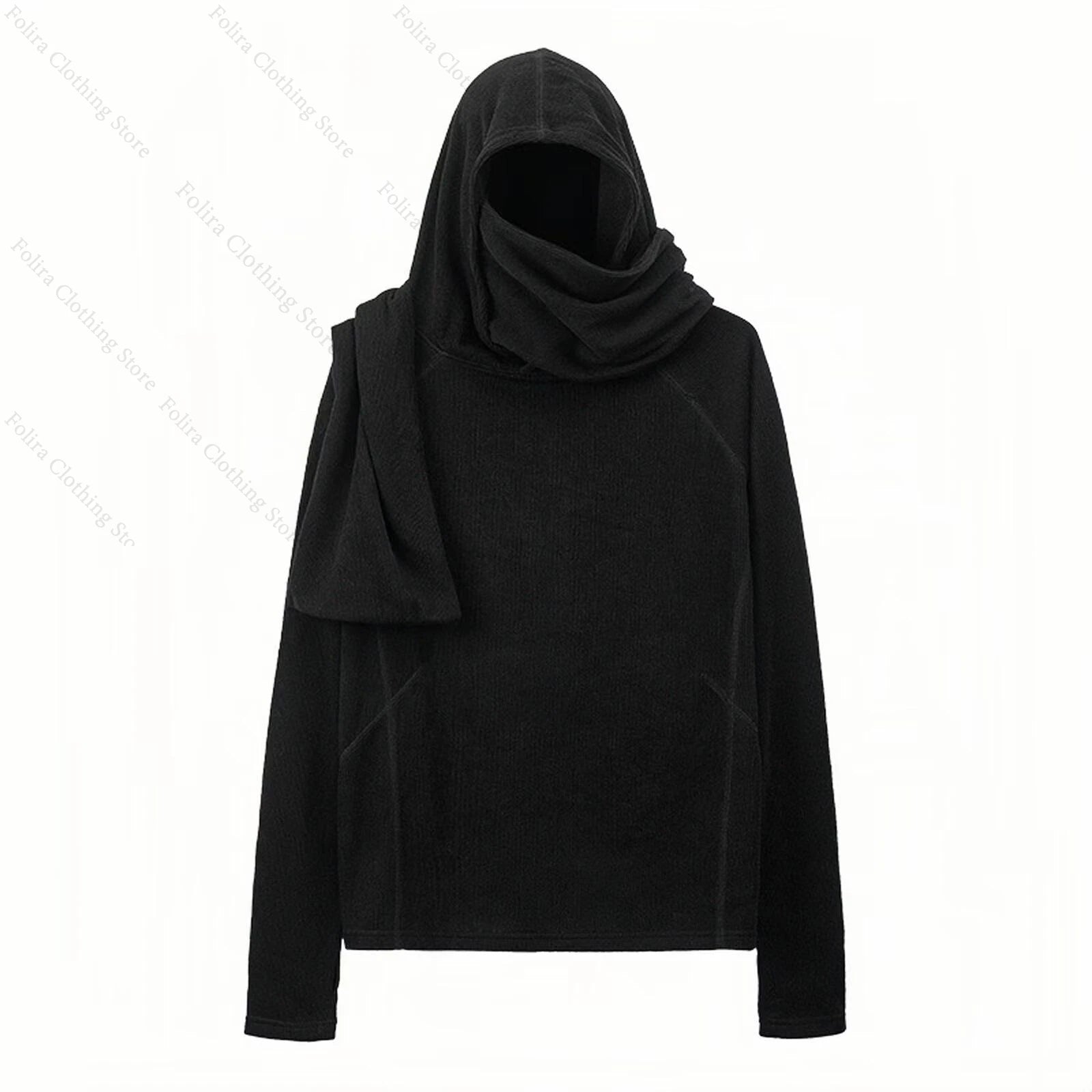 Harajuku Style Long Sleeve T-Shirt with Gray Hooded Shirt for Men Men's T-shirt with Muffler Pullover Winter Clothes Streetwear