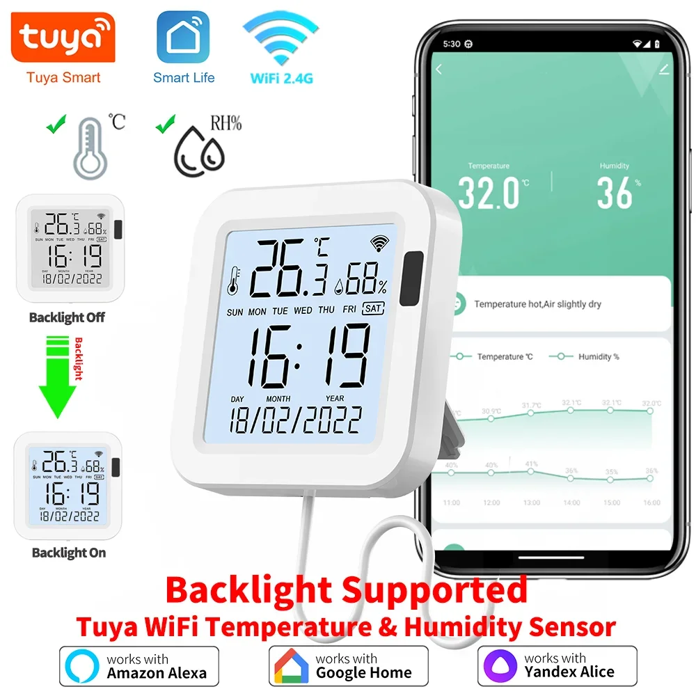 Tuya WiFi Temperature Humidity Sensor With Backlight for Smart Home APP Remote ControlWork with SmartLife Yandex Alexa