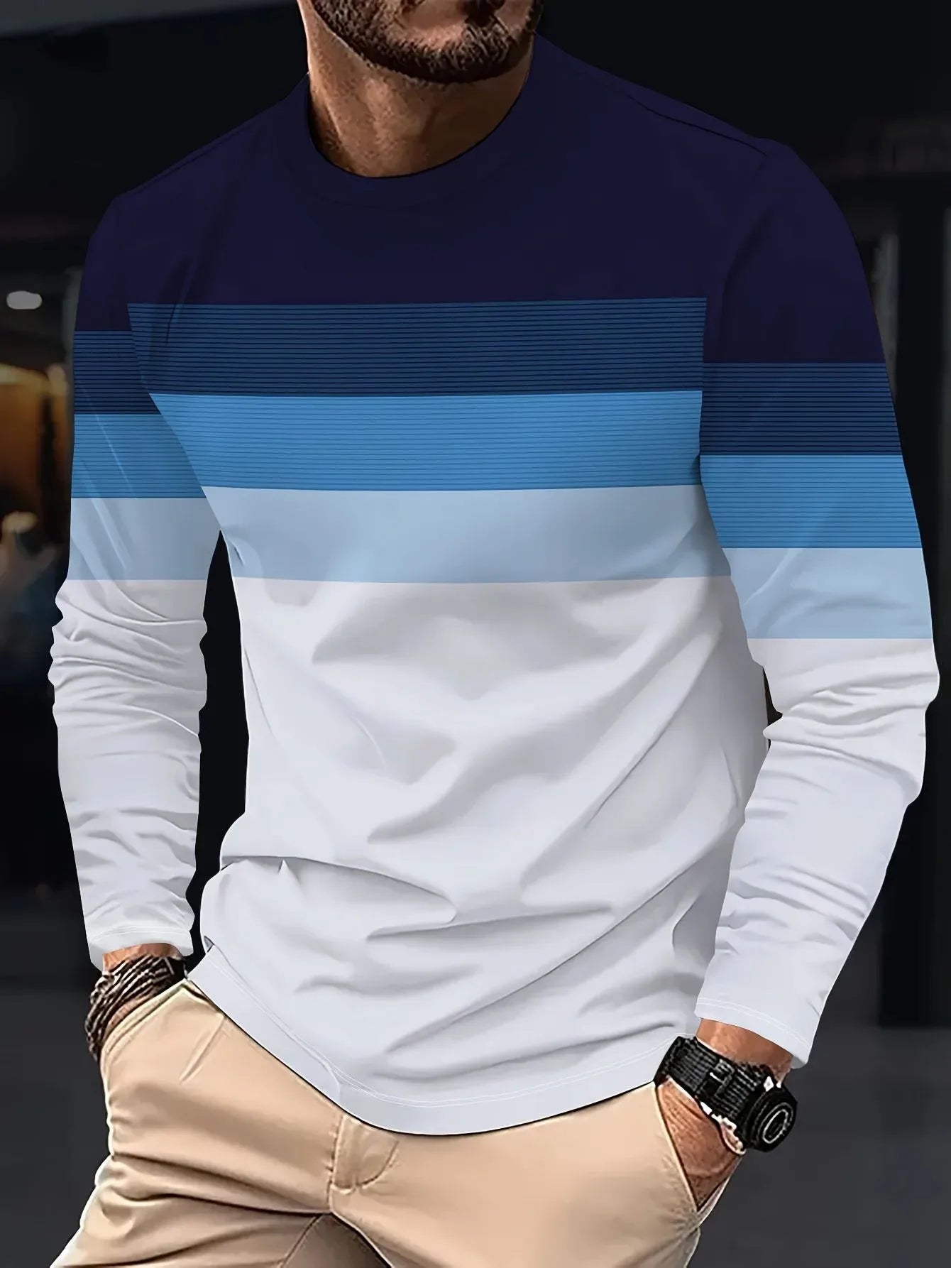 The new men's long-sleeved T-shirt for Spring and Autumn 2025 is casual fashionable and comfortable with 3D striped printing