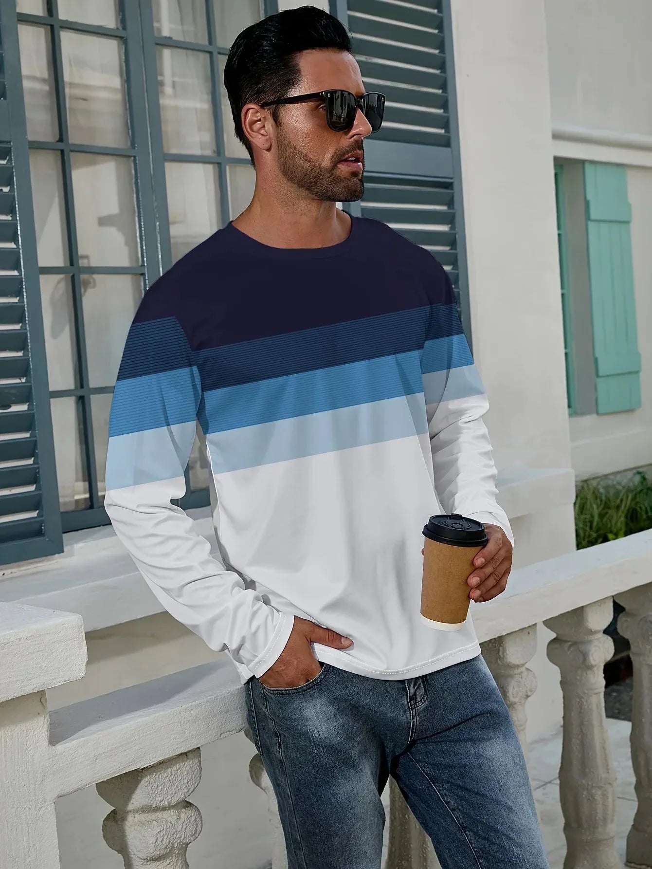 The new men's long-sleeved T-shirt for Spring and Autumn 2025 is casual fashionable and comfortable with 3D striped printing