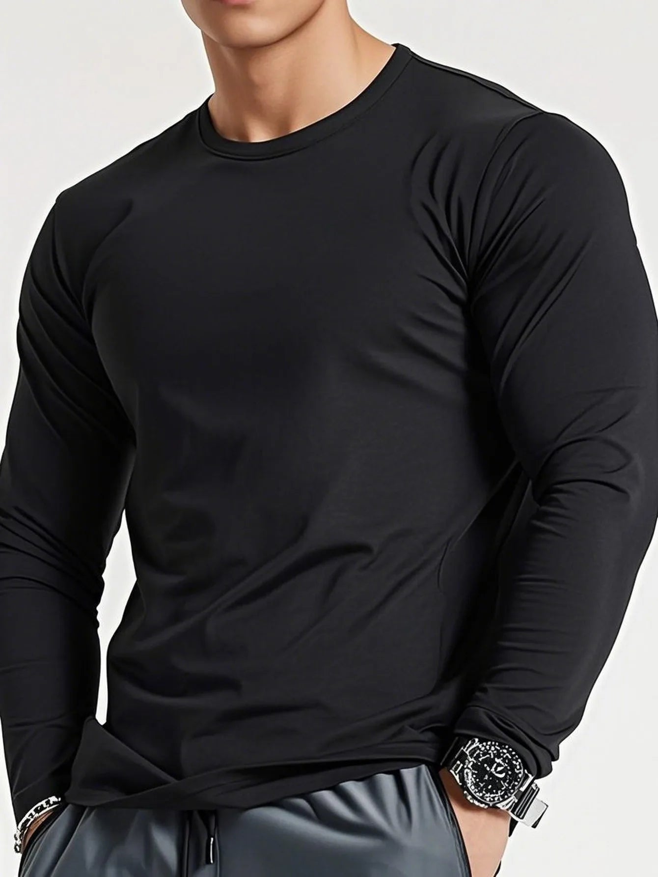 Elastic and Comfortable Solid Color Long-sleeved T-shirt Men's Simple Bottoming Shirt Spring/autumn
