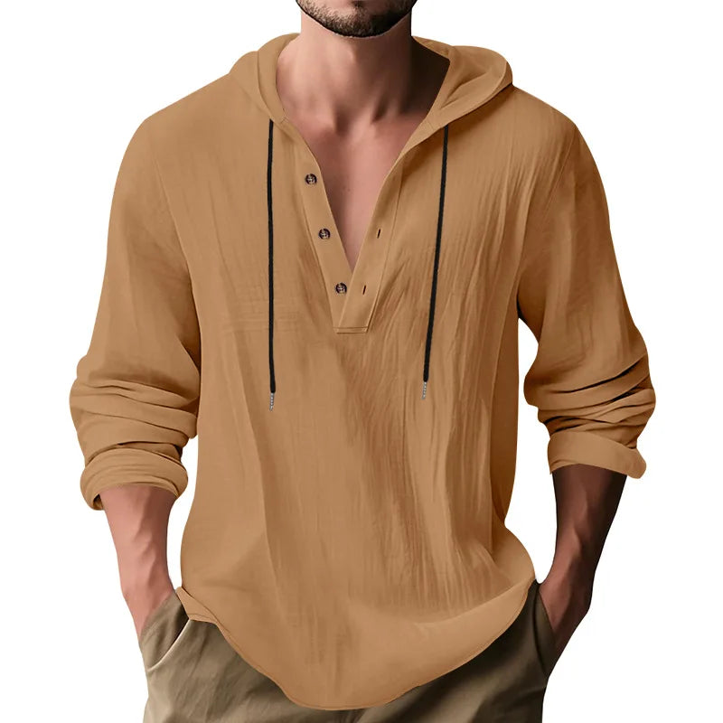Men's Long Sleeve Tops Drawstring Hoodies Casual Cotton Linen Solid Color Casual Shirts Loose Pullover Sweatshirts Coat Outwear