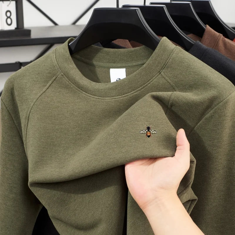 High end brand's new double-sided velvet comfortable T-shirt autumn and winter 2025 men' exquisite bee embroidered warm pullover