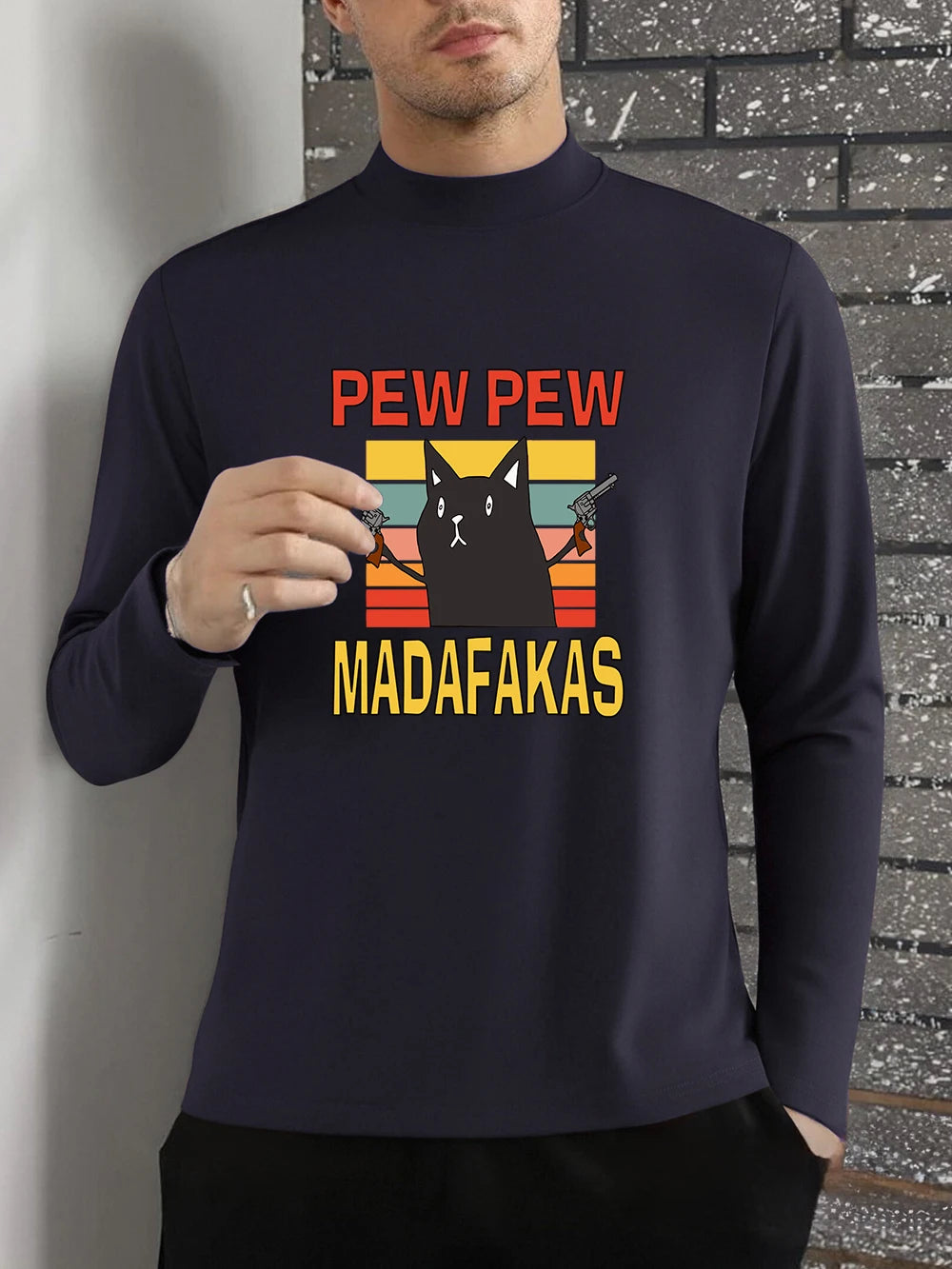 Pew Pew Madafakas Cats Prints T-Shirt Men'S Autumn Long Sleeves Bottoming Shirt Warm Half Turtleneck Slim Fit Tops Basic Clothes