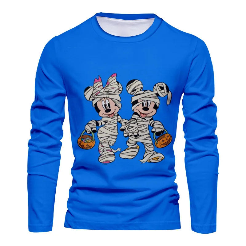 2025 New Horror Halloween Collection Streetwear Disney Stitch and Mickey 3D Printed Casual Men's Crew Neck Long Sleeve Tee