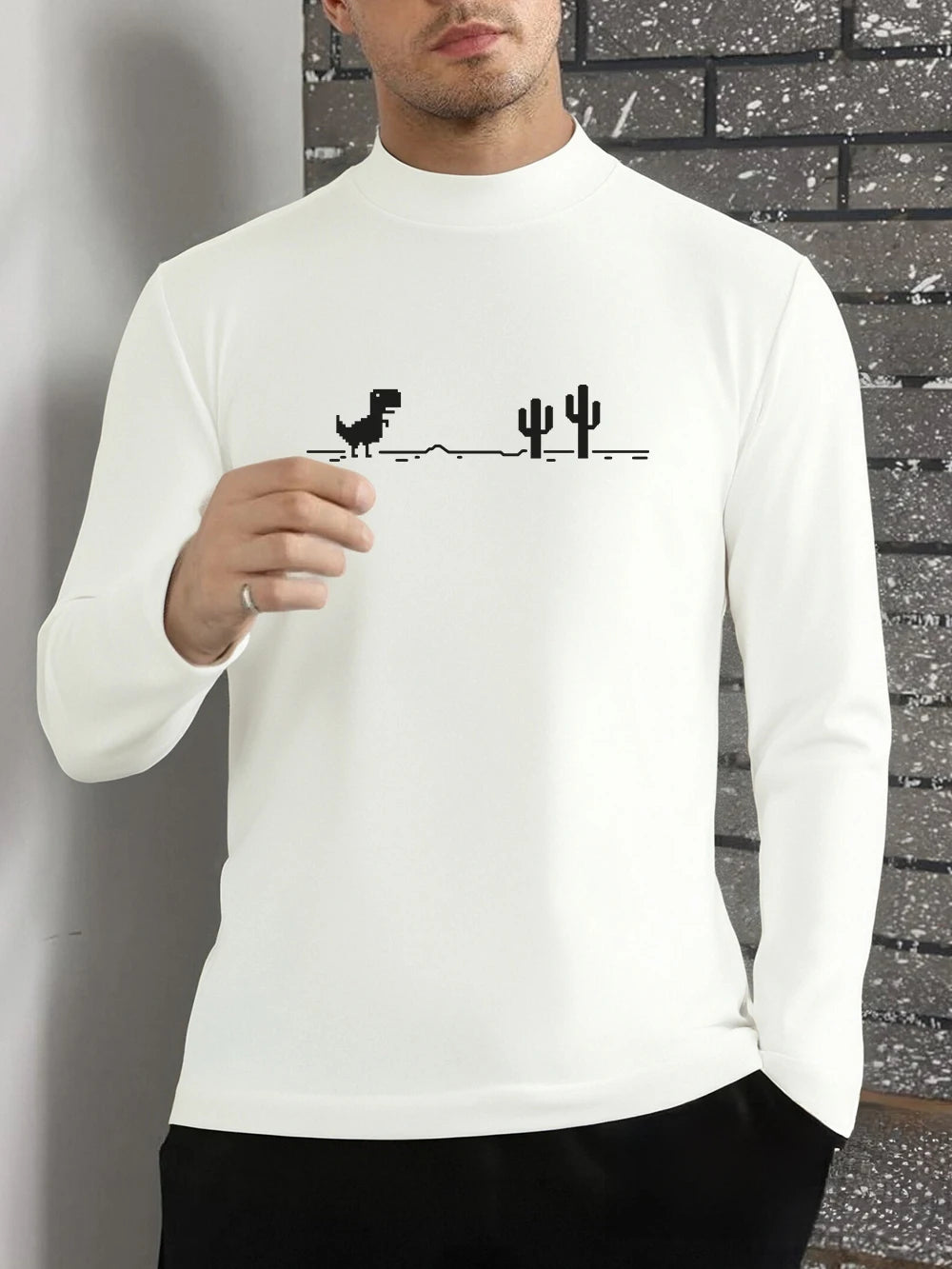 Dinosaurs Over Cactus Prints T-Shirts Mens Autumn Long Sleeves Bottoming Shirt Half Turtleneck Slim Fit Warm Tops Basic Clothes