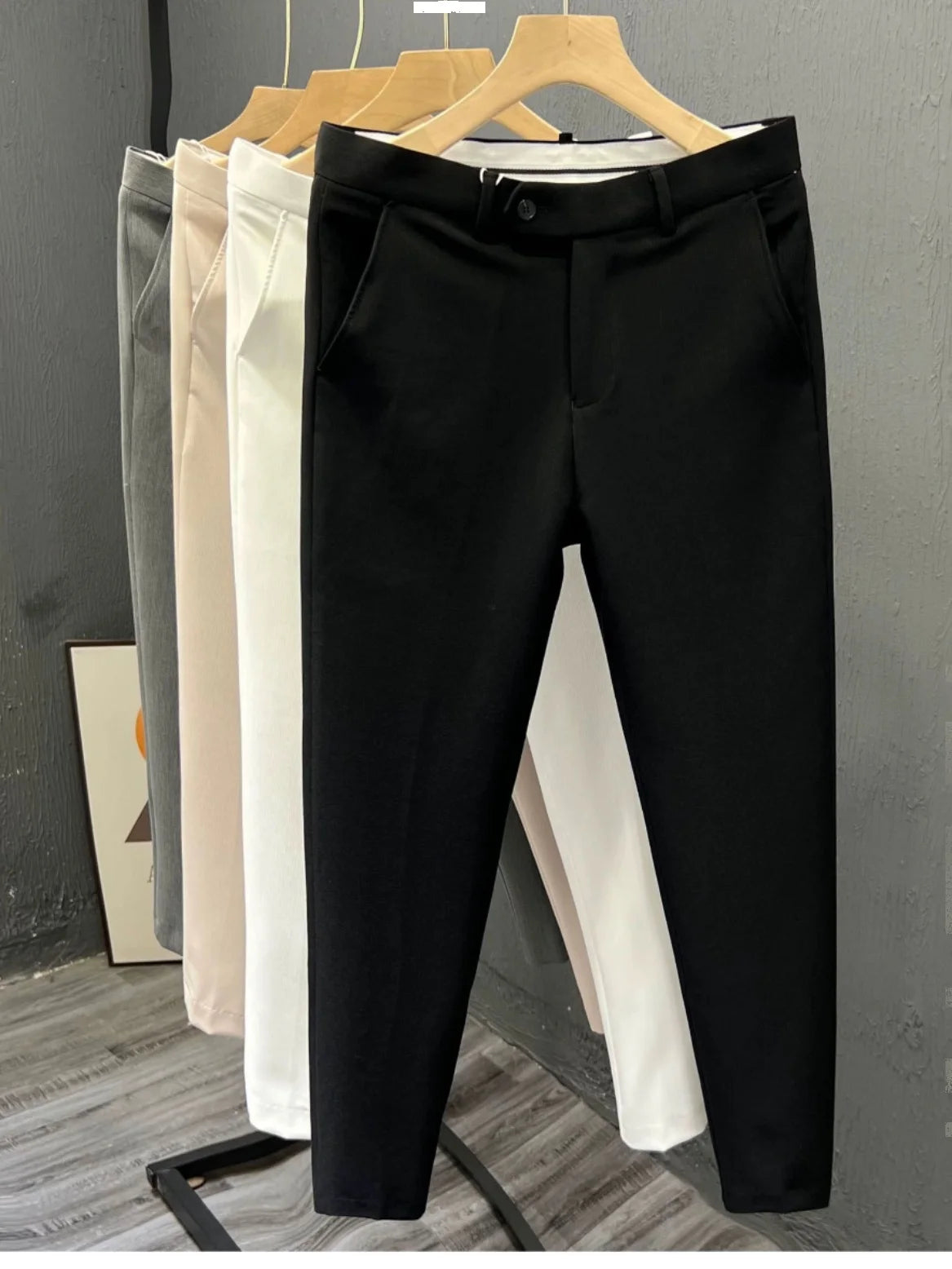 Sli Pure Color Cone 9 Men's Casual Brit Summer Pants Iron Free Slim Fit Casual Trousers Busin Gentleman Sle