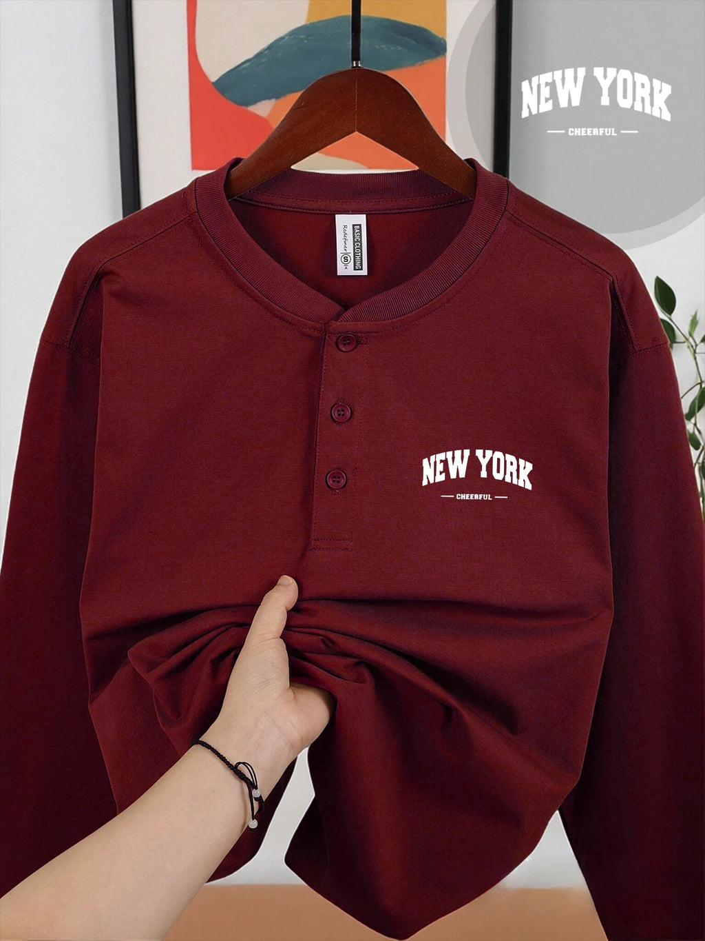 New York Cheerful Prints Mans Henry Shirt Skin-Friendly Autumn Tops Casual Clothes Crew Neck Business Comfortable Clothing