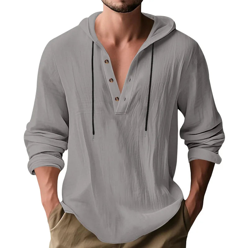 Men's Long Sleeve Tops Drawstring Hoodies Casual Cotton Linen Solid Color Casual Shirts Loose Pullover Sweatshirts Coat Outwear