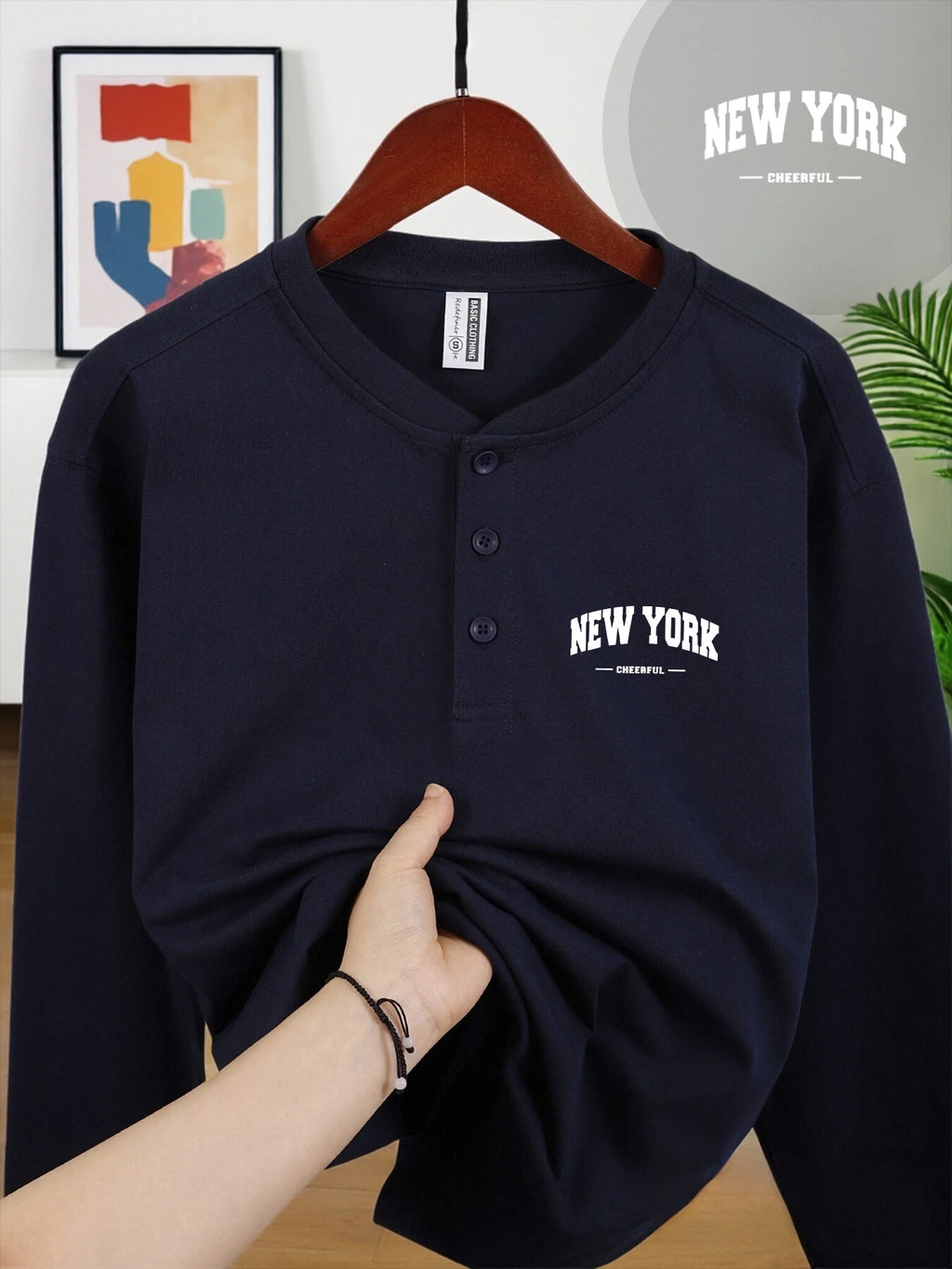 New York Cheerful Prints Mans Henry Shirt Skin-Friendly Autumn Tops Casual Clothes Crew Neck Business Comfortable Clothing
