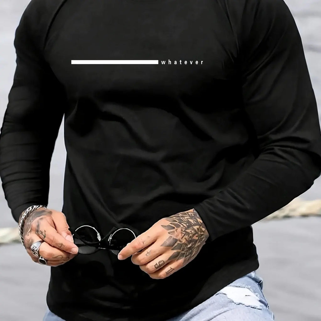 Men's "Whatever" Pattern Long Sleeved T-shirt Casual Elastic Pure Cotton Round Neck Black and White Printed Spring and Autumn