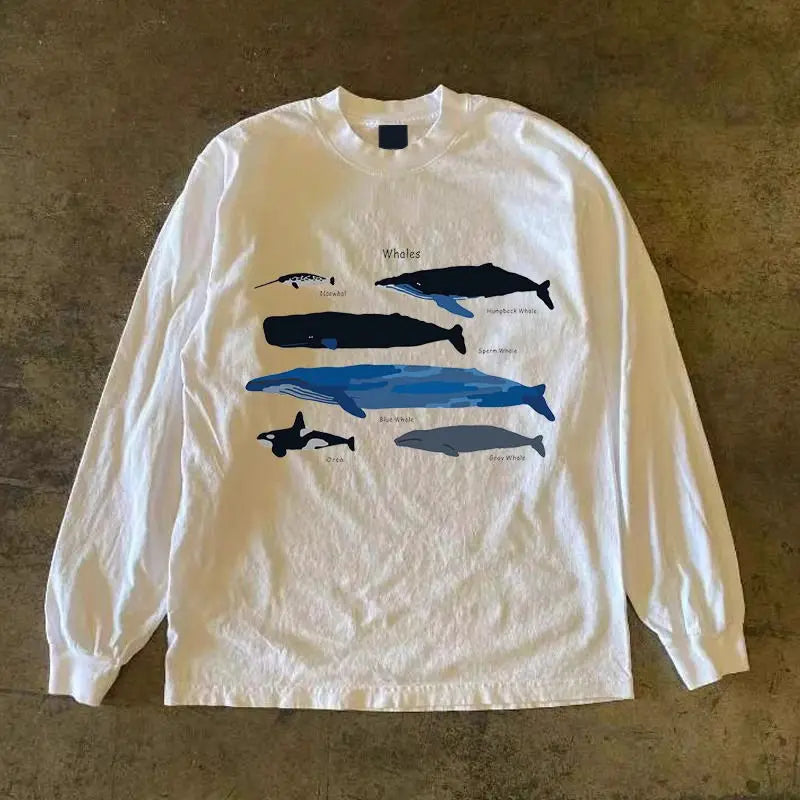 American Trendy and Fun Whale Print Pure Cotton Men's Long-sleeved T-shirt