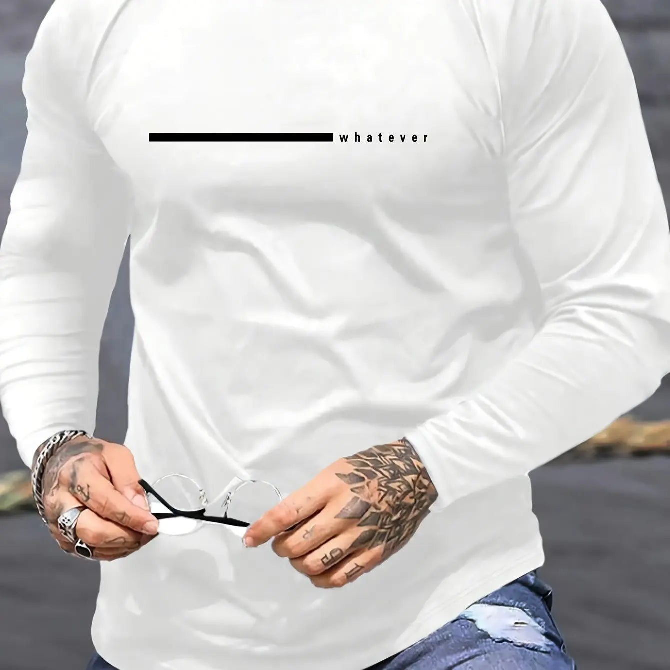 Men's "Whatever" Pattern Long Sleeved T-shirt Casual Elastic Pure Cotton Round Neck Black and White Printed Spring and Autumn