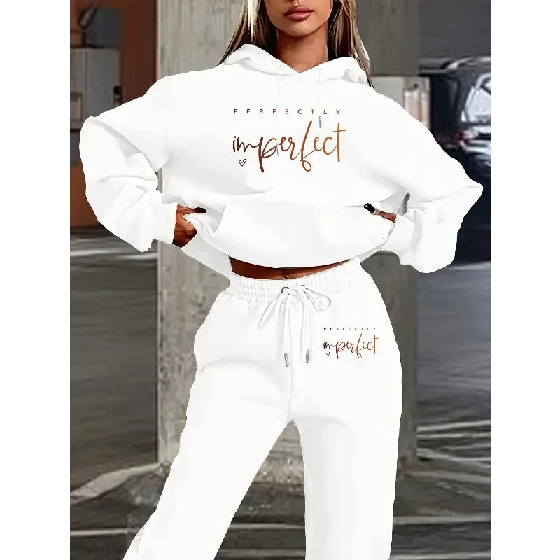 2025 Women's Casual Polyester Two Piece Set Autumn/Winter Hoodie with Pocket Pants 3D Printed Letter Perfect Imperfect Design