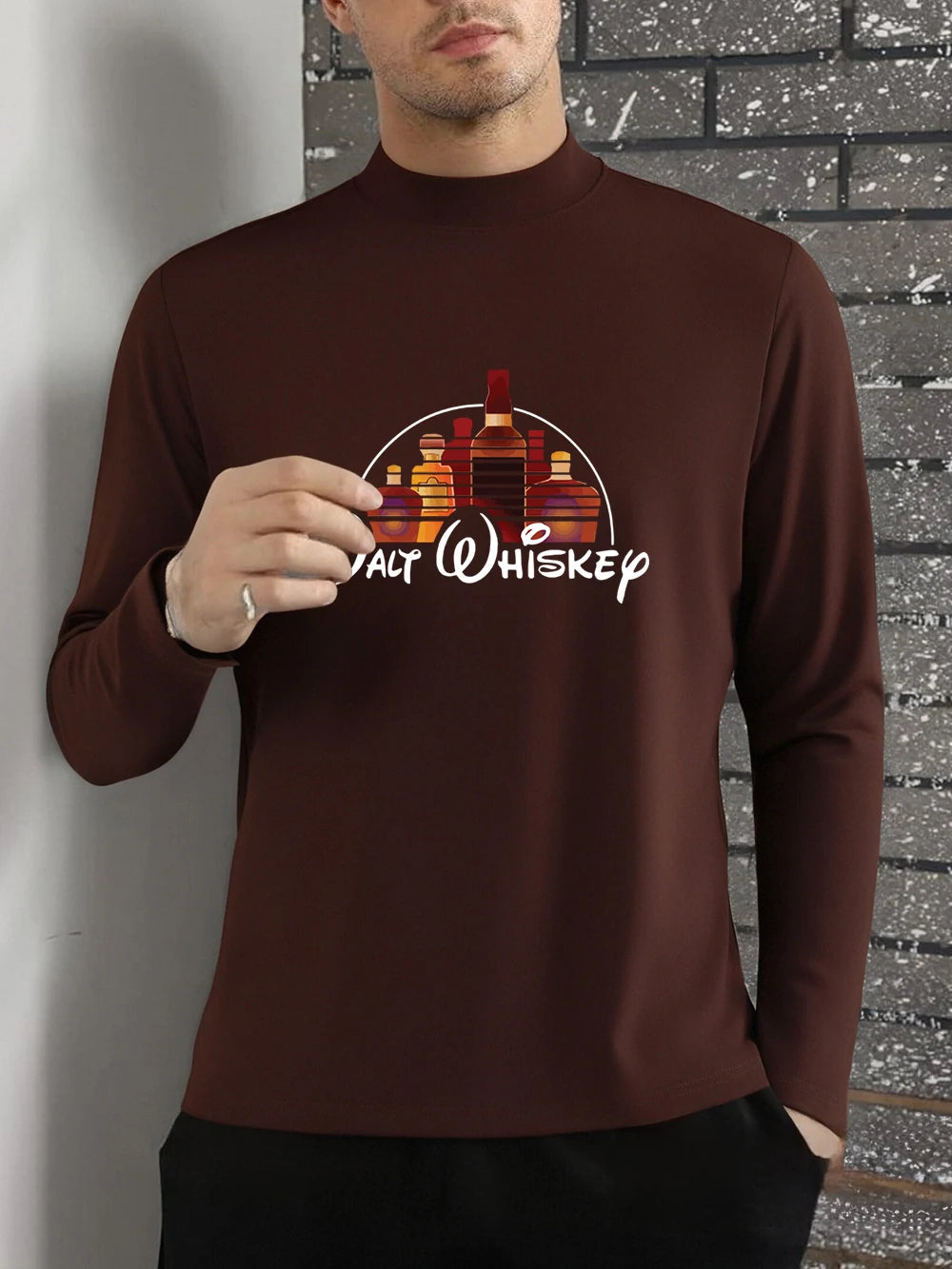 Malt Wiskey Funny Alcool Drunk Prints T-Shirt Men Winter Fleece Tops Half Turtleneck Slim Fit Warm Bottoming Shirt Basic Clothes