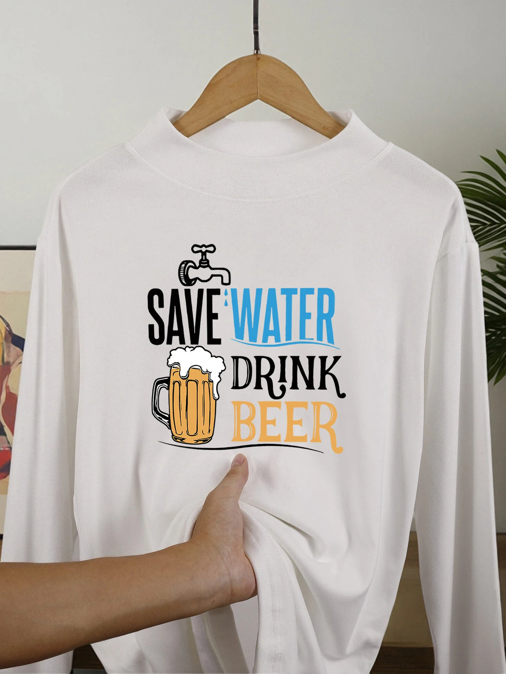 Save Water Drink Beer Print Mens Casual Base Layer Soft Velvet Fleece Long Sleeve Shirt Fit Thicken Pullover Comfy Mock Neck Top