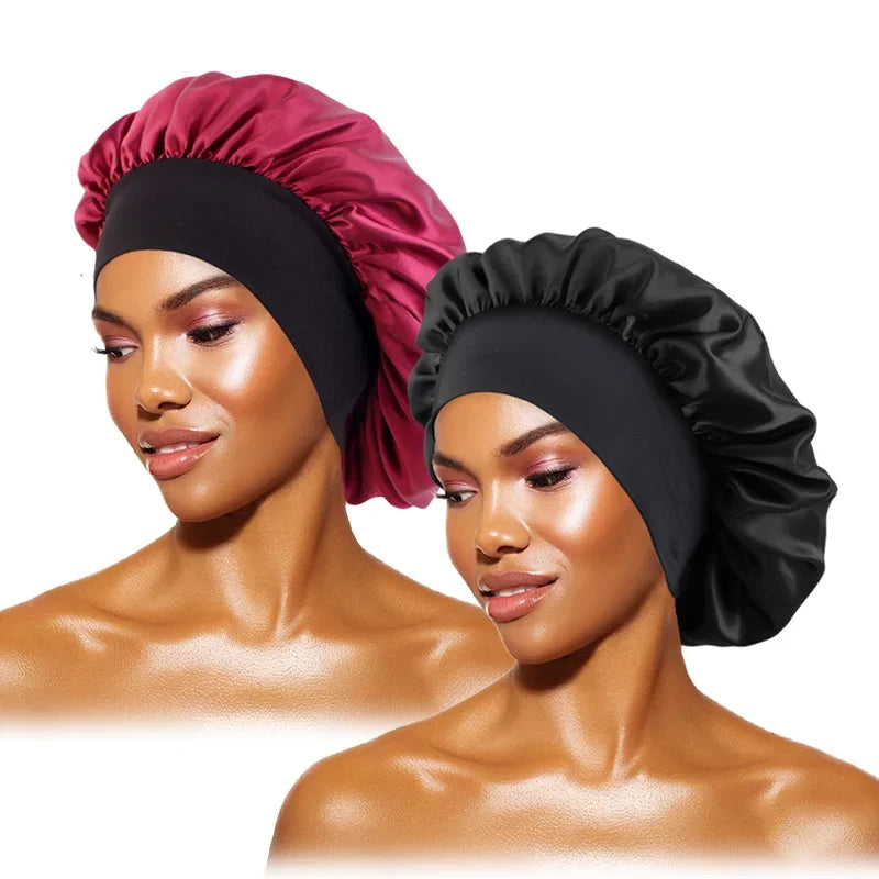 Women's Satin Solid Bonnets Wide-brimmed Night Sleeping Bathing Hat Unisex Head Wrap Elastic Band Cap Hair Care Bonnet