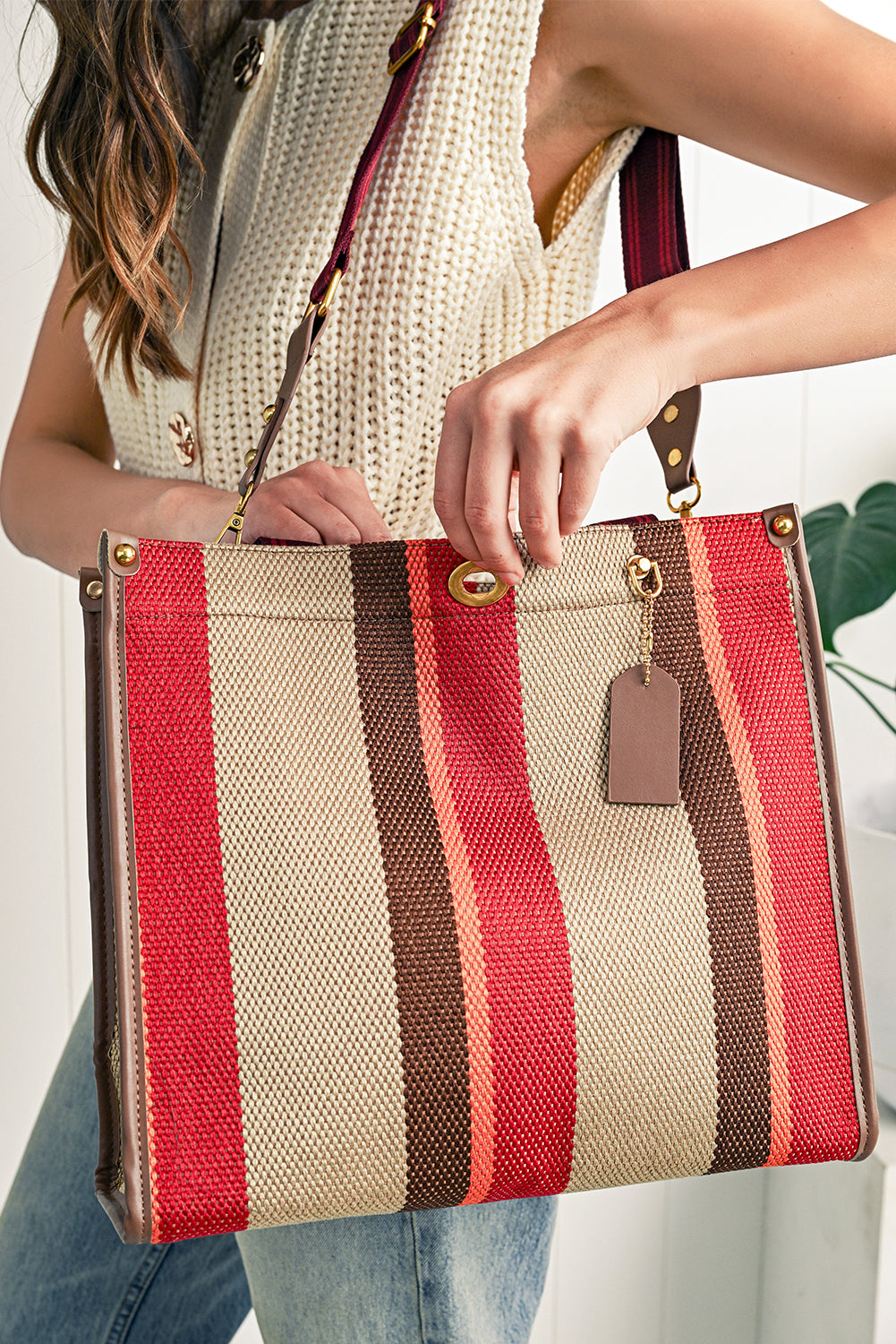 Coffee Random Cutting Color Block Canvas Large Tote Bag