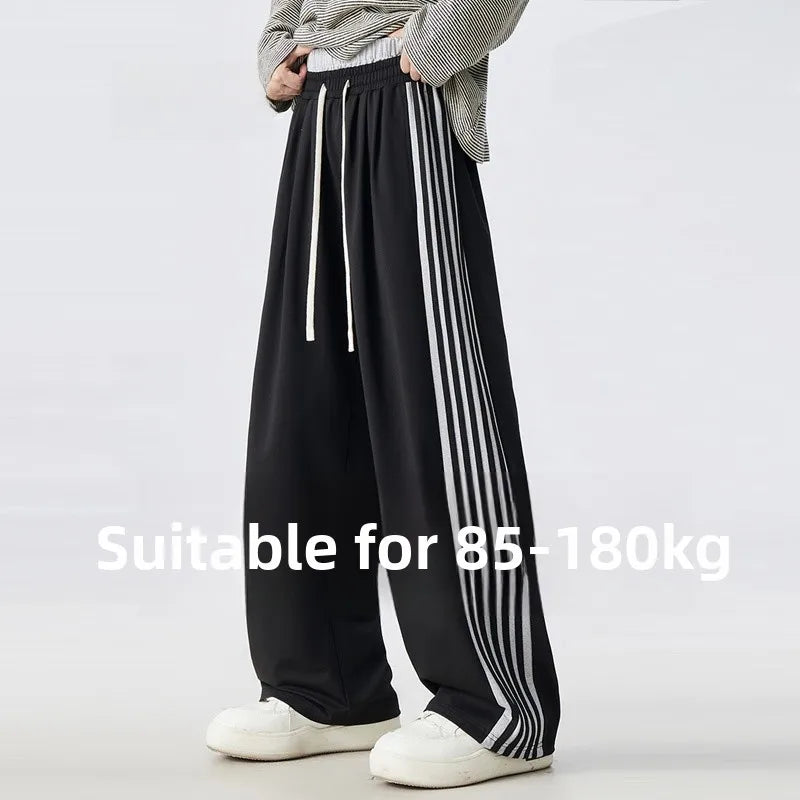 Men's Casual Pants Striped Spor Wide Leg Drapey Feel Patchwork Waist Design Comfortable Straight Cut Everyday Trousers