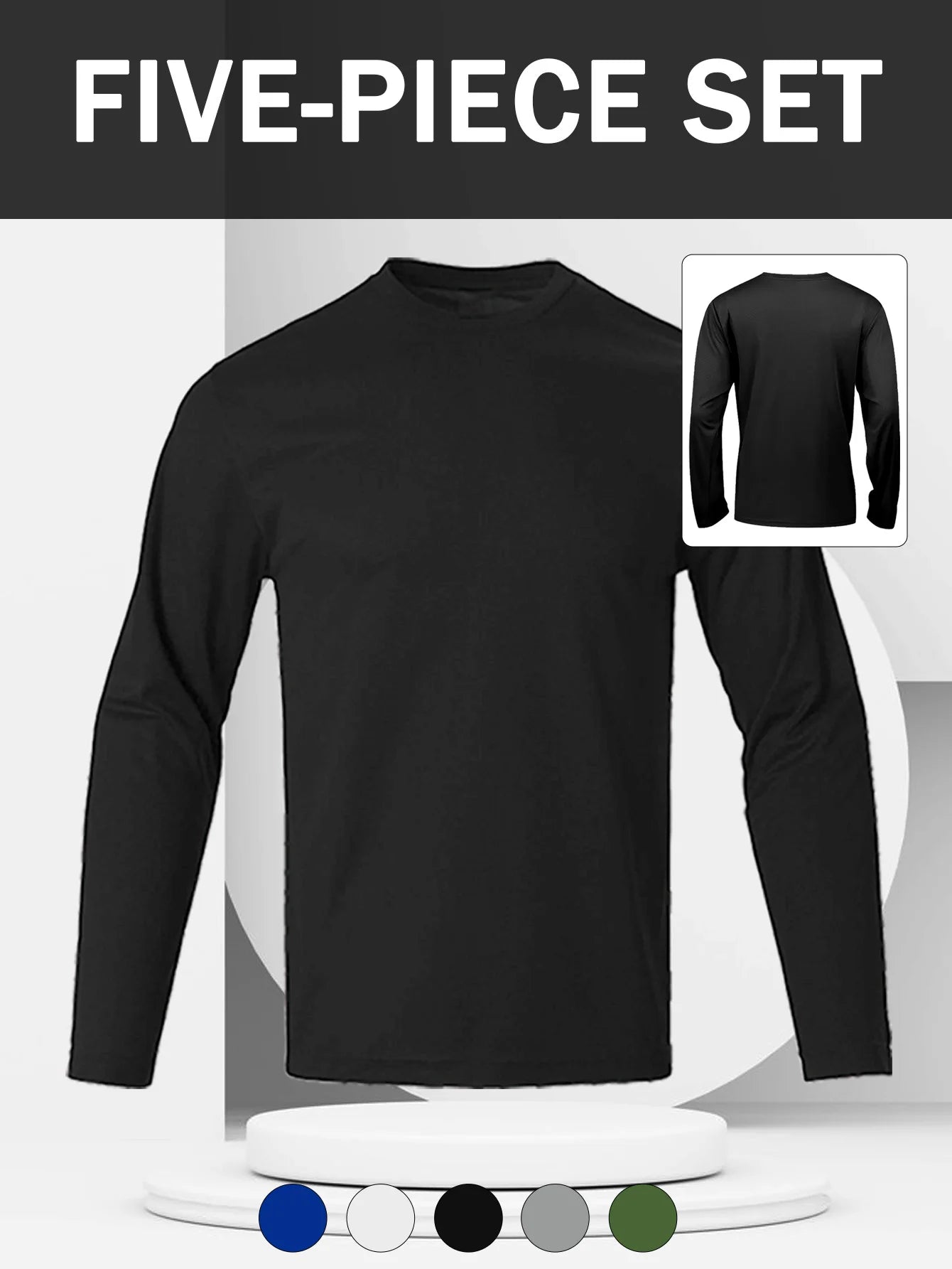 5 Pack Men's Athletic Shirt - Crew Neck Slim Fit Long Sleeve Pullover Base Layer, Rib Knit Quick Dry Lightweight Top