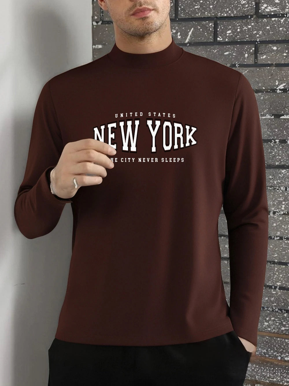 New York Usa Art Letter Prints T-Shirt Men Autumn Long Sleeves Bottoming Shirt Slim Fit Warm Half Turtleneck Tops Casual Clothes