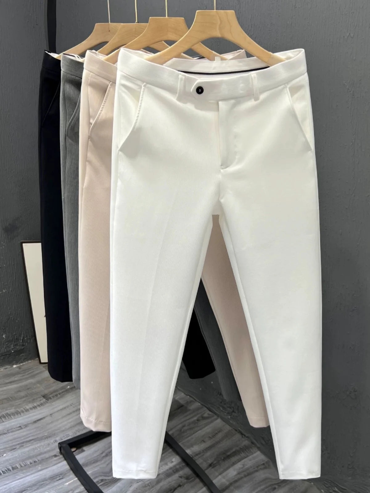 Sli Pure Color Cone 9 Men's Casual Brit Summer Pants Iron Free Slim Fit Casual Trousers Busin Gentleman Sle