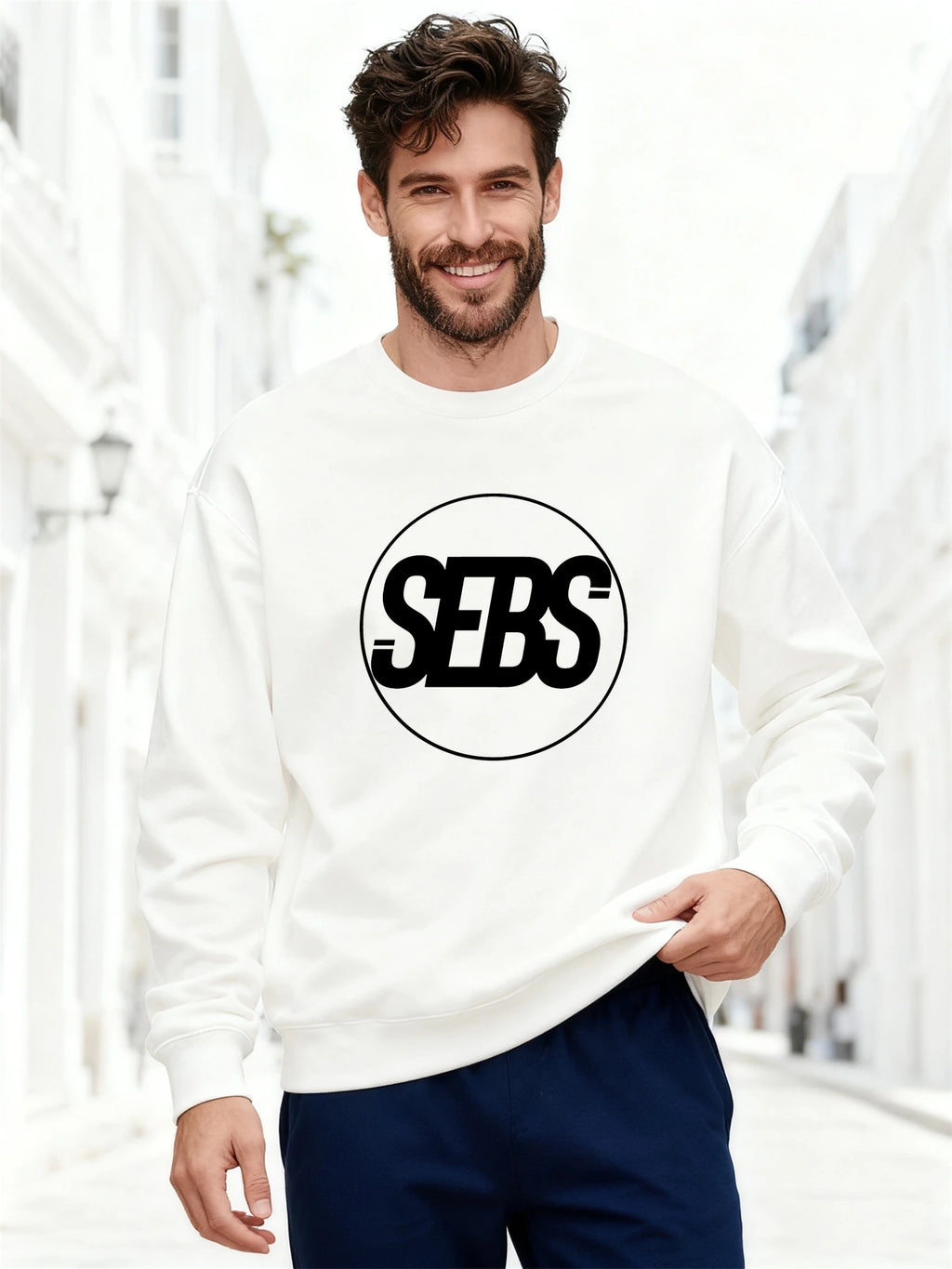 Men'S SEBS Logo Graphic Sweatshirt with Lettering SEBS Branding Casual Round Neck Pullover Loose Fit Comfort Casual Wear Apparel