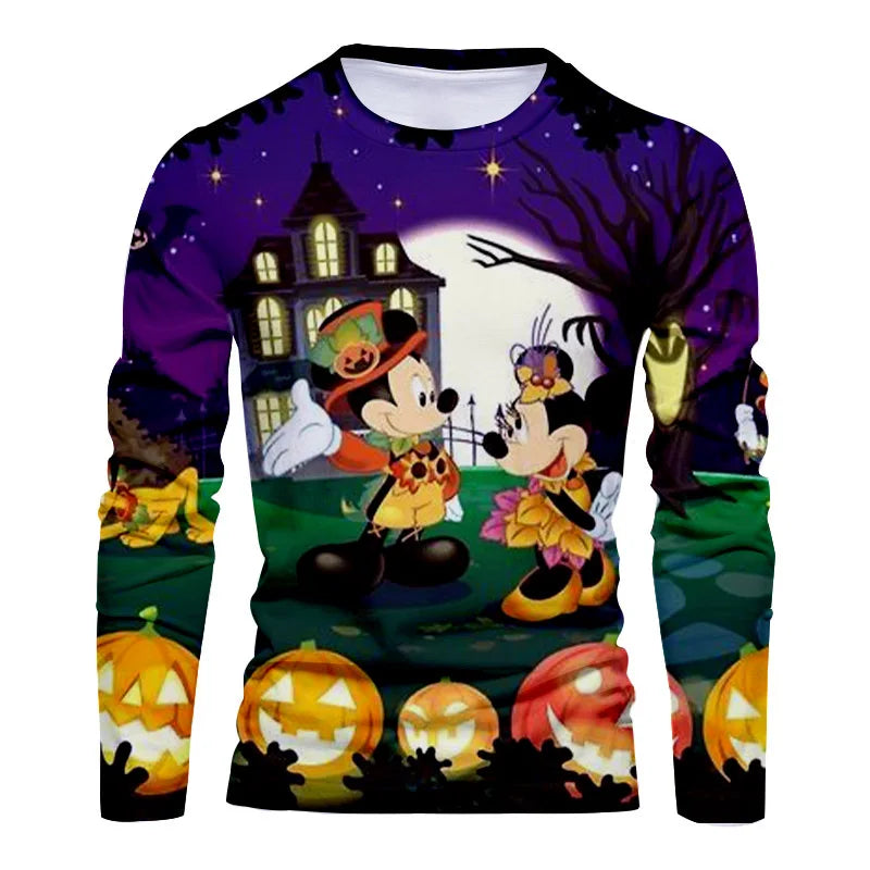2025 New Horror Halloween Collection Streetwear Disney Stitch and Mickey 3D Printed Casual Men's Crew Neck Long Sleeve Tee