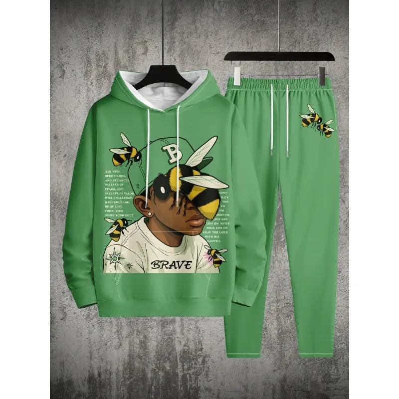 2025 3D Printed Men's Shoulder Style Hooded Sweatshirt Top and Pants Two-piece Set Spring and Autumn Casual Sports Set